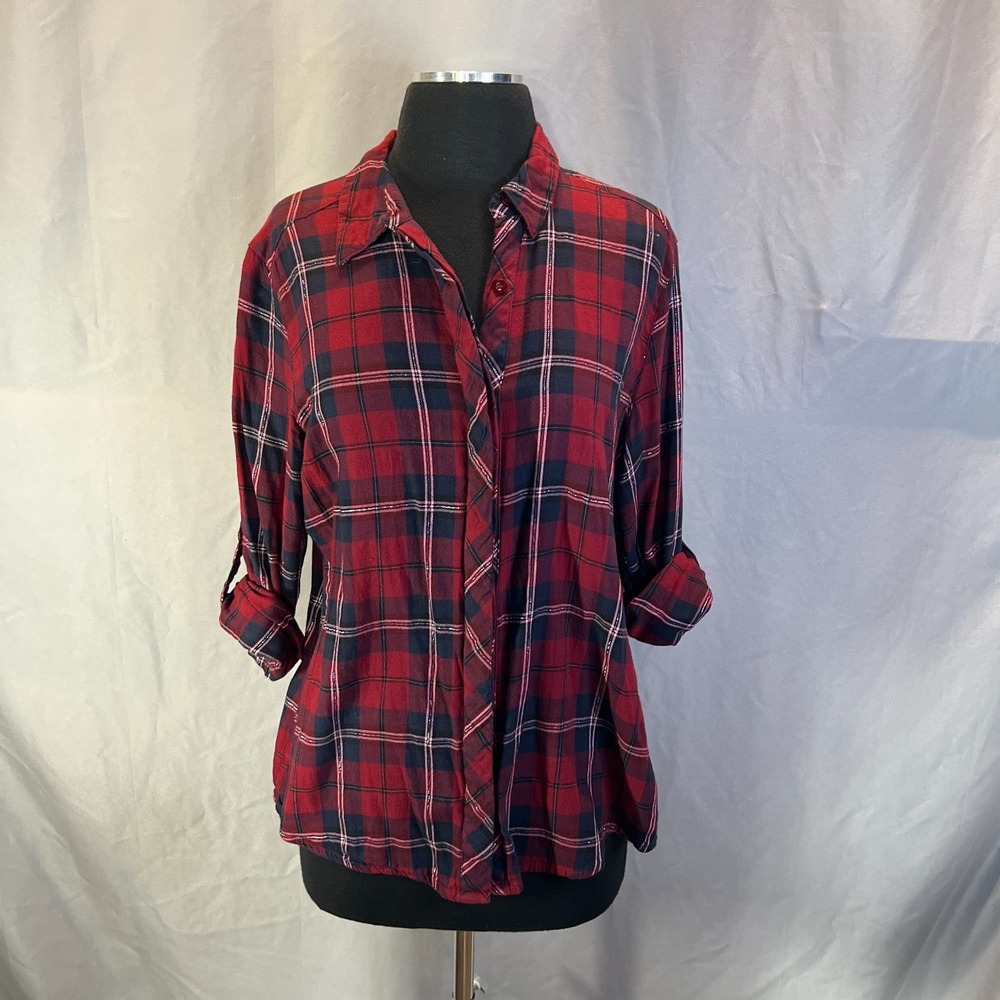 Kut From The Kloth Flannel Shirt Womens Medium Multicolor Plaid Roll Tab Sleeve